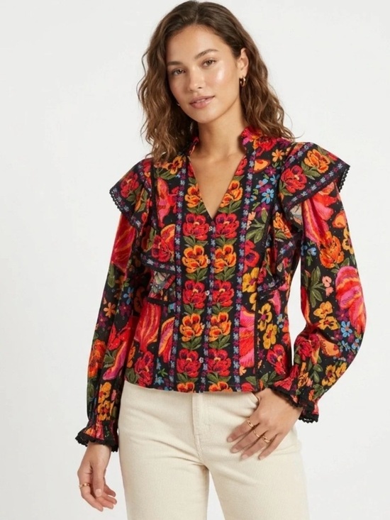 FARM Rio Tops - FARM Rio NWOT Black Floral Ruffle Swiss Dot Cotton Blouse Large